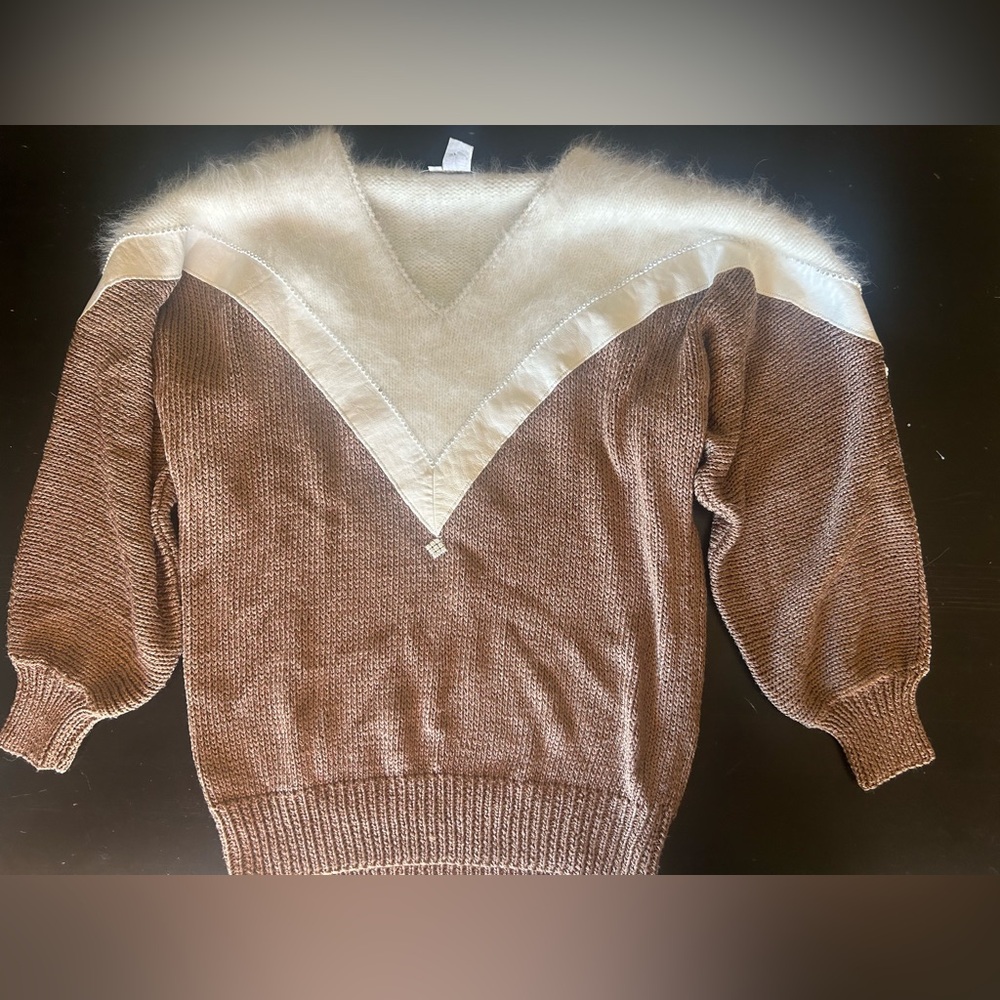Stunning 80s vintage hand knit Nannell Sweater. Brown, leather, rhinestones.